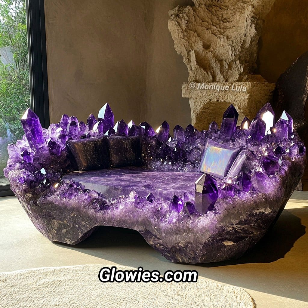 amethyst plant on a bathroom counter next to a mirror